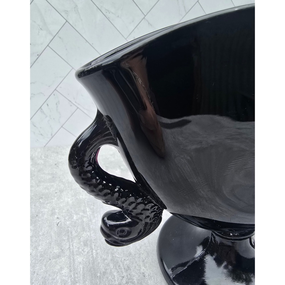 Vintage Black Amethyst Glass Trophy Vase Koi Fish Dolphin Handles Art Deco - Picture 5 of 10